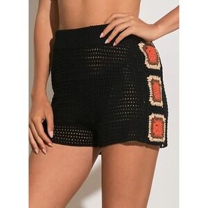 ELAN Crochet Cover-Up Shorts Black Crochet Orange Square Knitwear Size M NWT